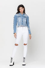 SHREDDED CROP DENIM JACKET - PRIVILEGE 