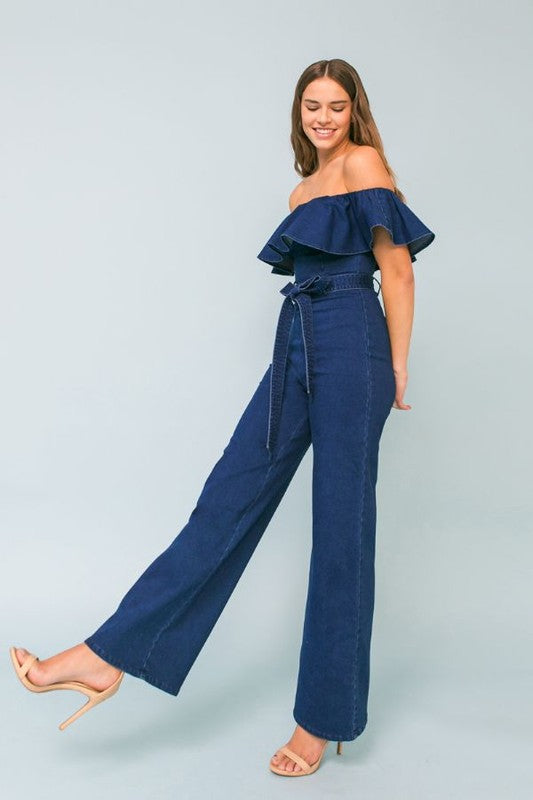 Off-the-shoulder denim jumpsuit with ruffled - PRIVILEGE 