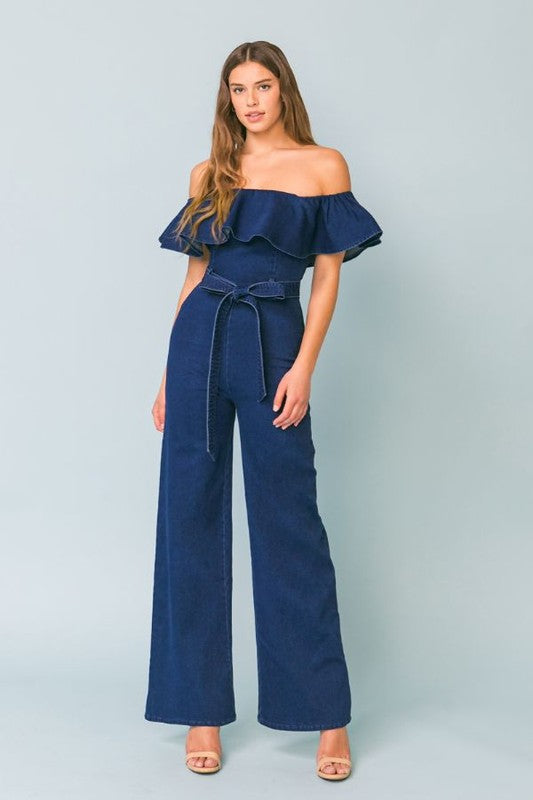 Off-the-shoulder denim jumpsuit with ruffled - PRIVILEGE 