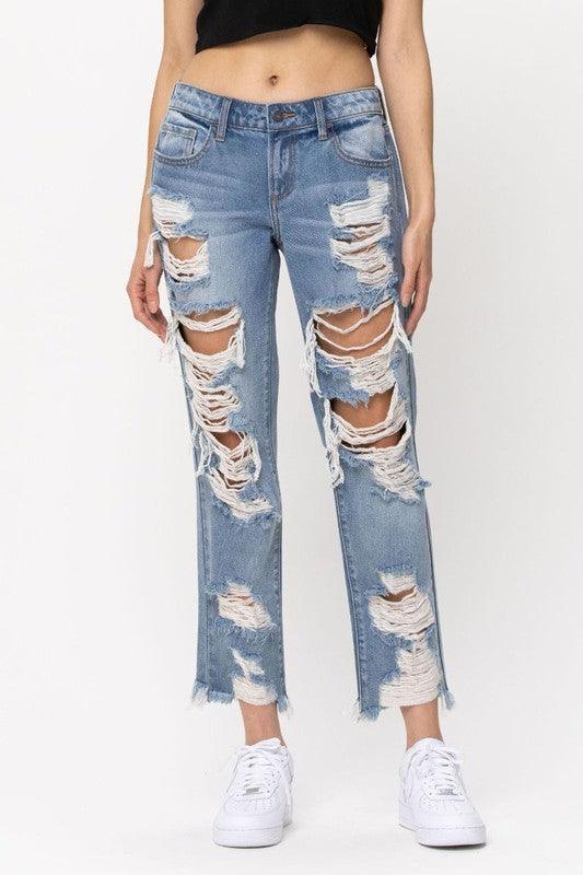 MID RISE HEAVEY DESTROY BOYFRIEND JEANS - PRIVILEGE 