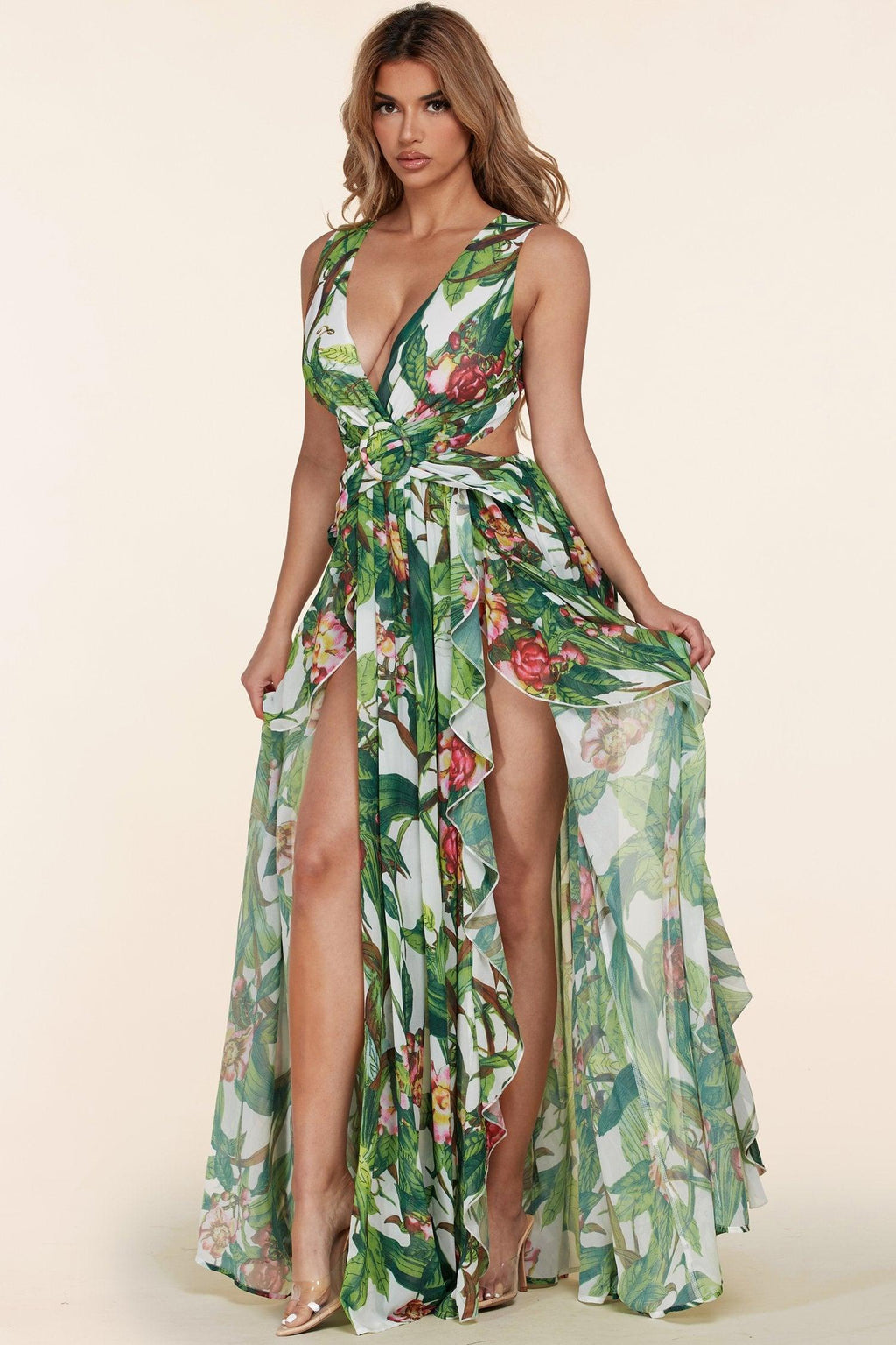 TROPICAL PLUNGE O-RING CUTOUT MAXI DRESS - PRIVILEGE 