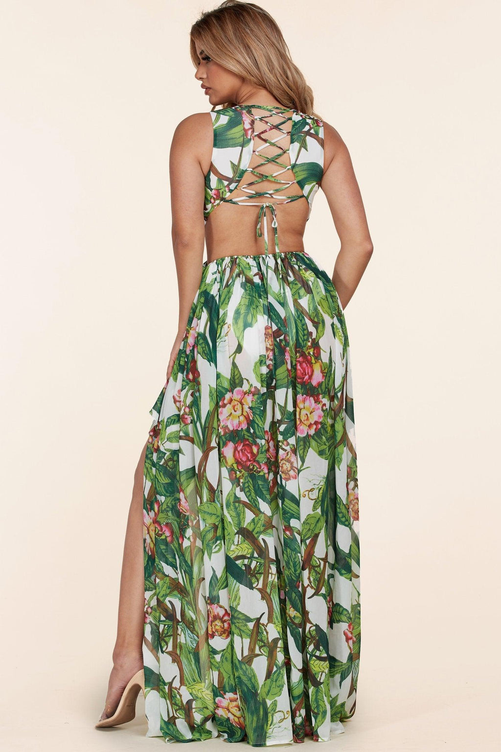 TROPICAL PLUNGE O-RING CUTOUT MAXI DRESS - PRIVILEGE 