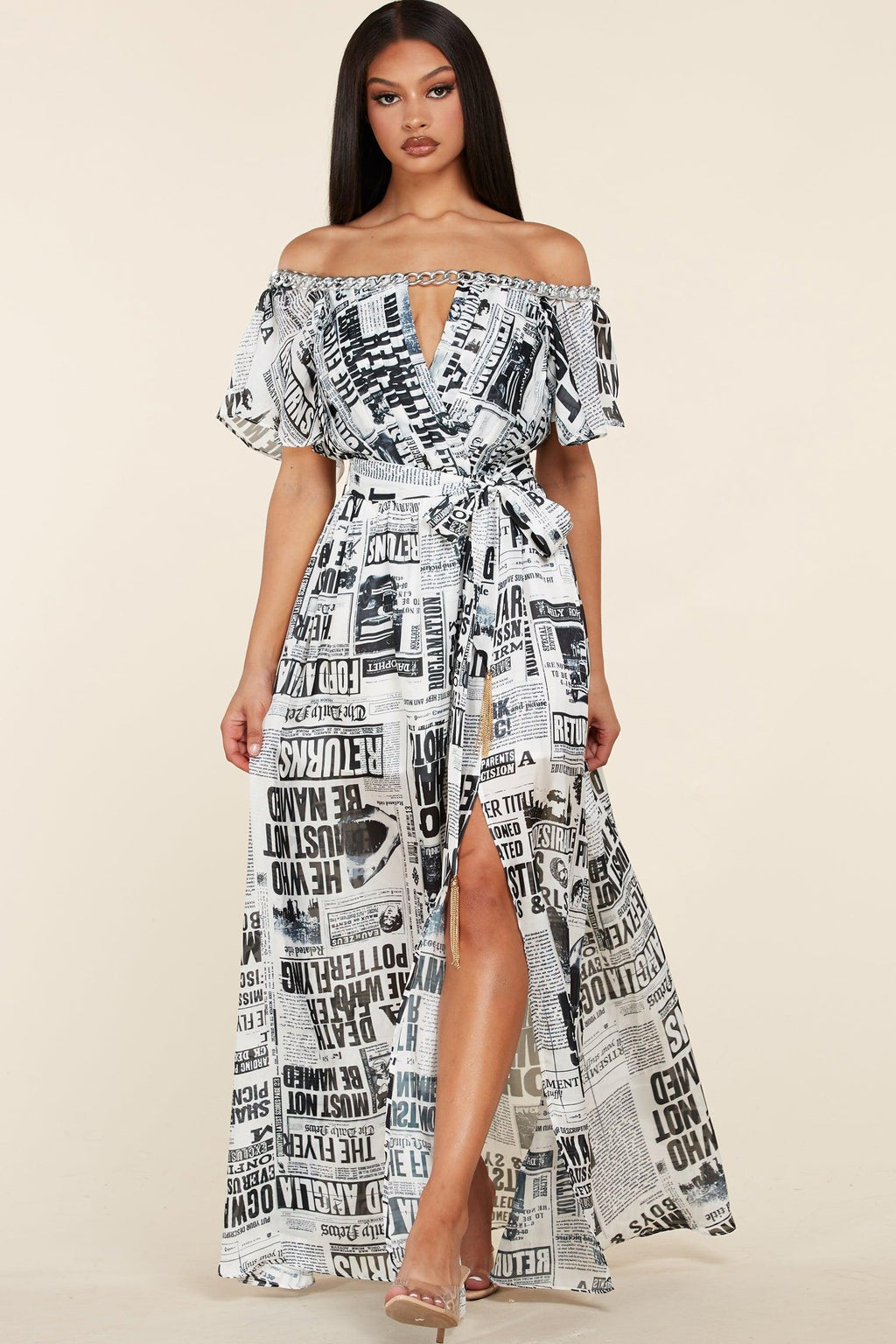 Newspaper print maxi outlet dress