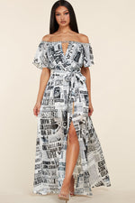 NEWSPAPER PRINT OFF SHOULDER MAXI DRESS - PRIVILEGE 