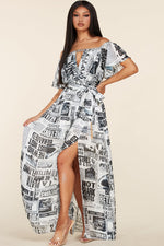 NEWSPAPER PRINT OFF SHOULDER MAXI DRESS - PRIVILEGE 