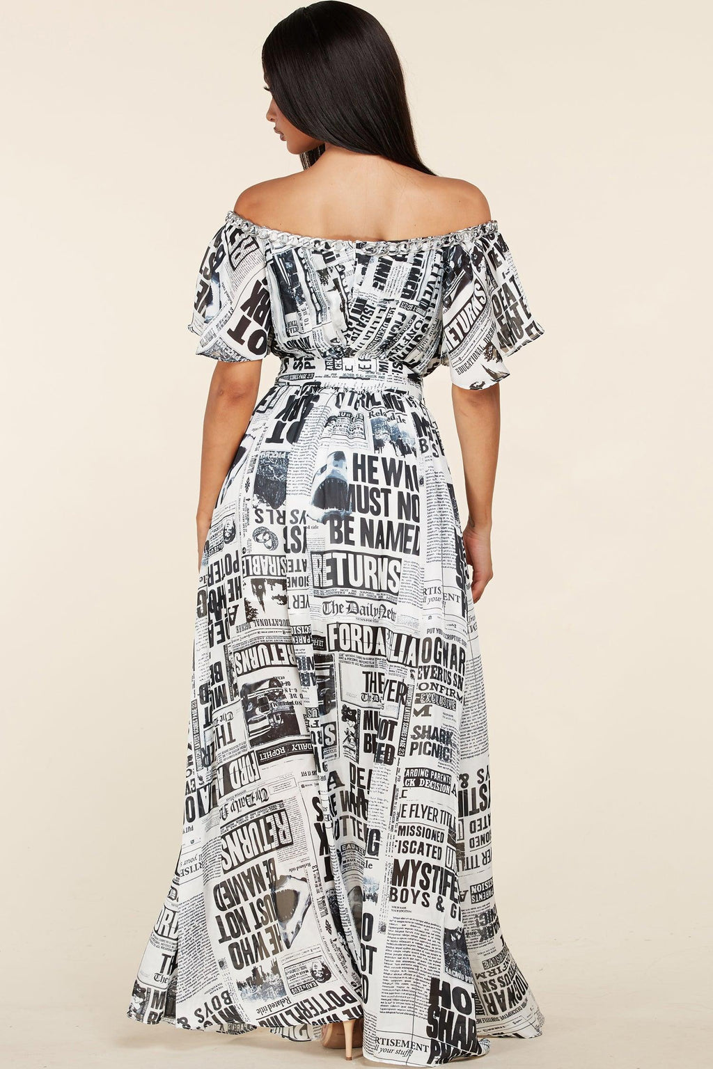 NEWSPAPER PRINT OFF SHOULDER MAXI DRESS - PRIVILEGE 