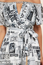 NEWSPAPER PRINT OFF SHOULDER MAXI DRESS - PRIVILEGE 