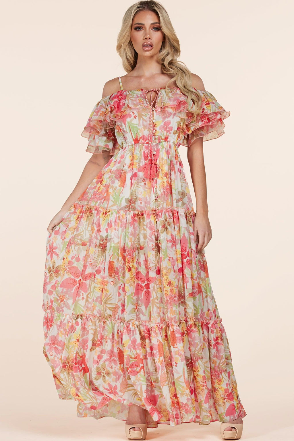 OFF SHOULDER SHORT SLEEVE RUFFLE DRESS - PRIVILEGE 