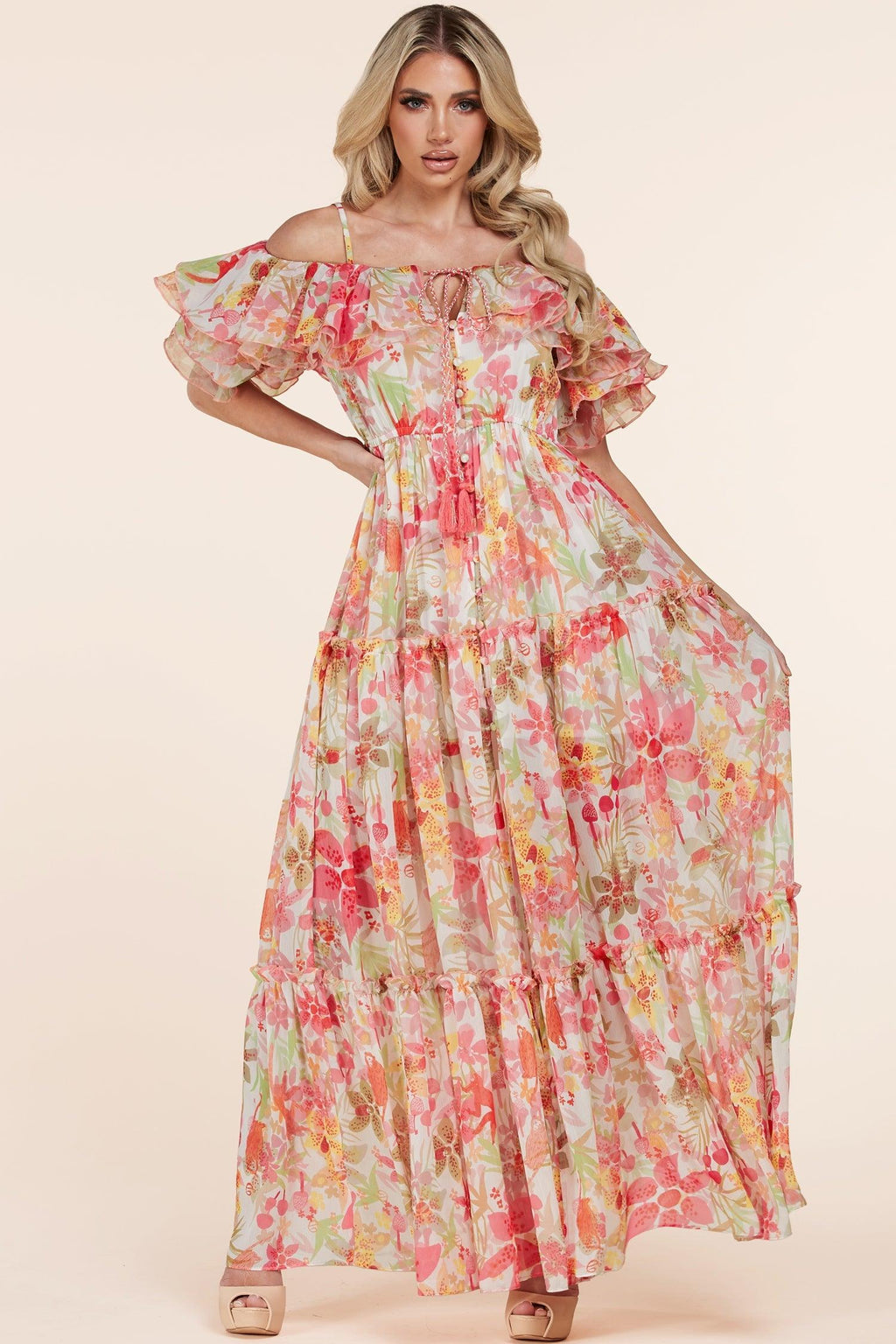 OFF SHOULDER SHORT SLEEVE RUFFLE DRESS - PRIVILEGE 