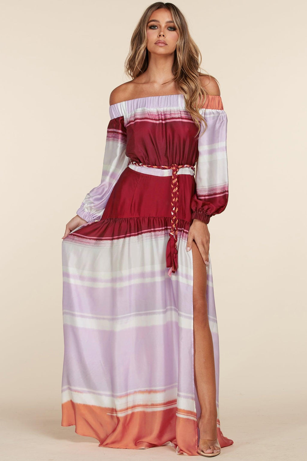 SILKY SMOOTH OFF SHOULDER MAXI DRESS - PRIVILEGE 