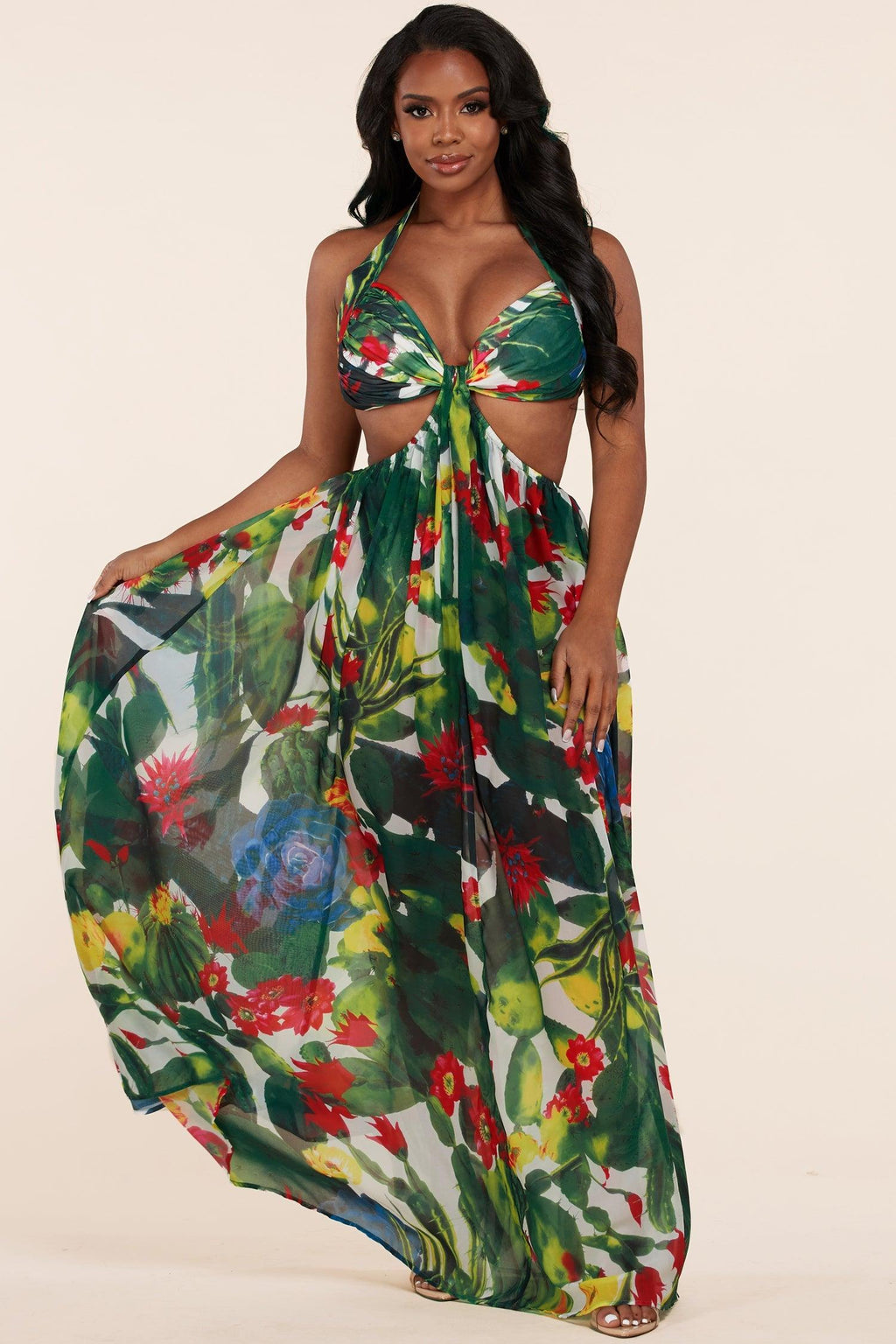 SUMMER DESERT FLORAL CUTOUT MAXI DRESS - PRIVILEGE 