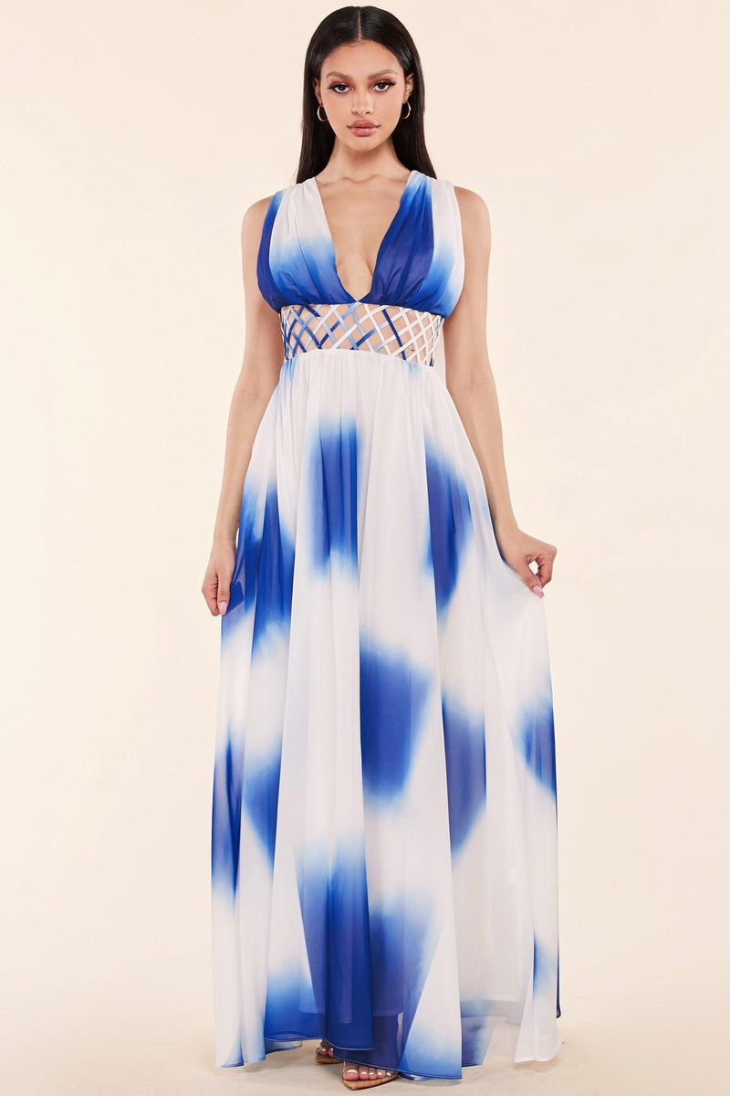 WHITE AND BLUE TIE DYE MAXI DRESS - PRIVILEGE 