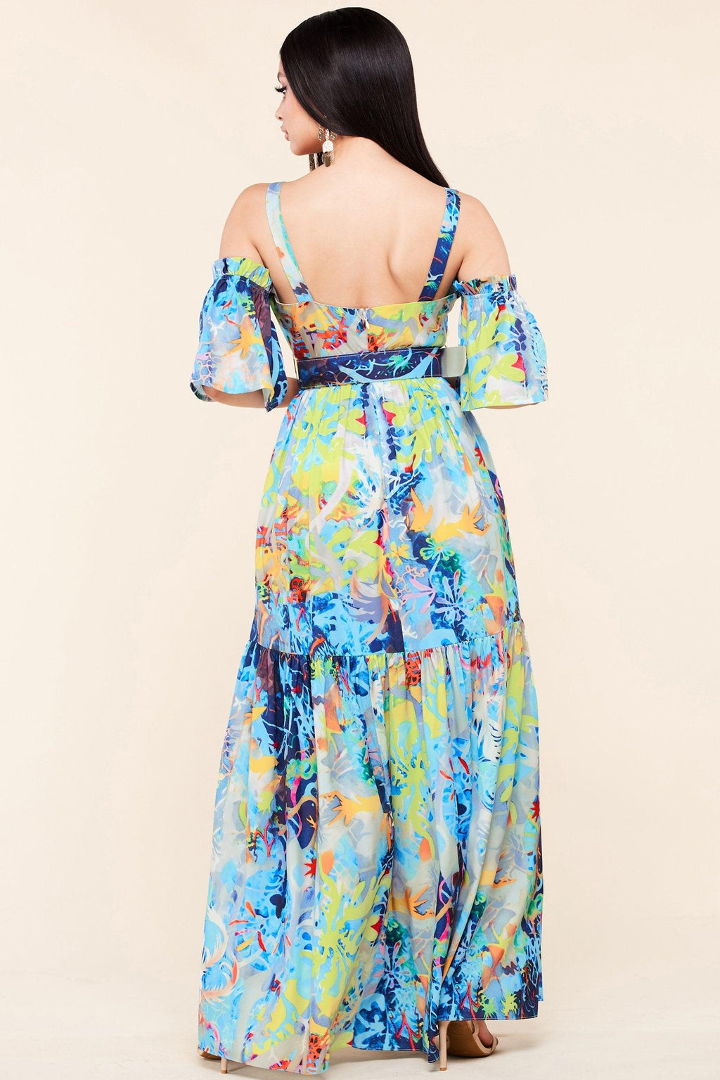 COLORFUL COLD SHOULDER MAXI DRESS - PRIVILEGE 