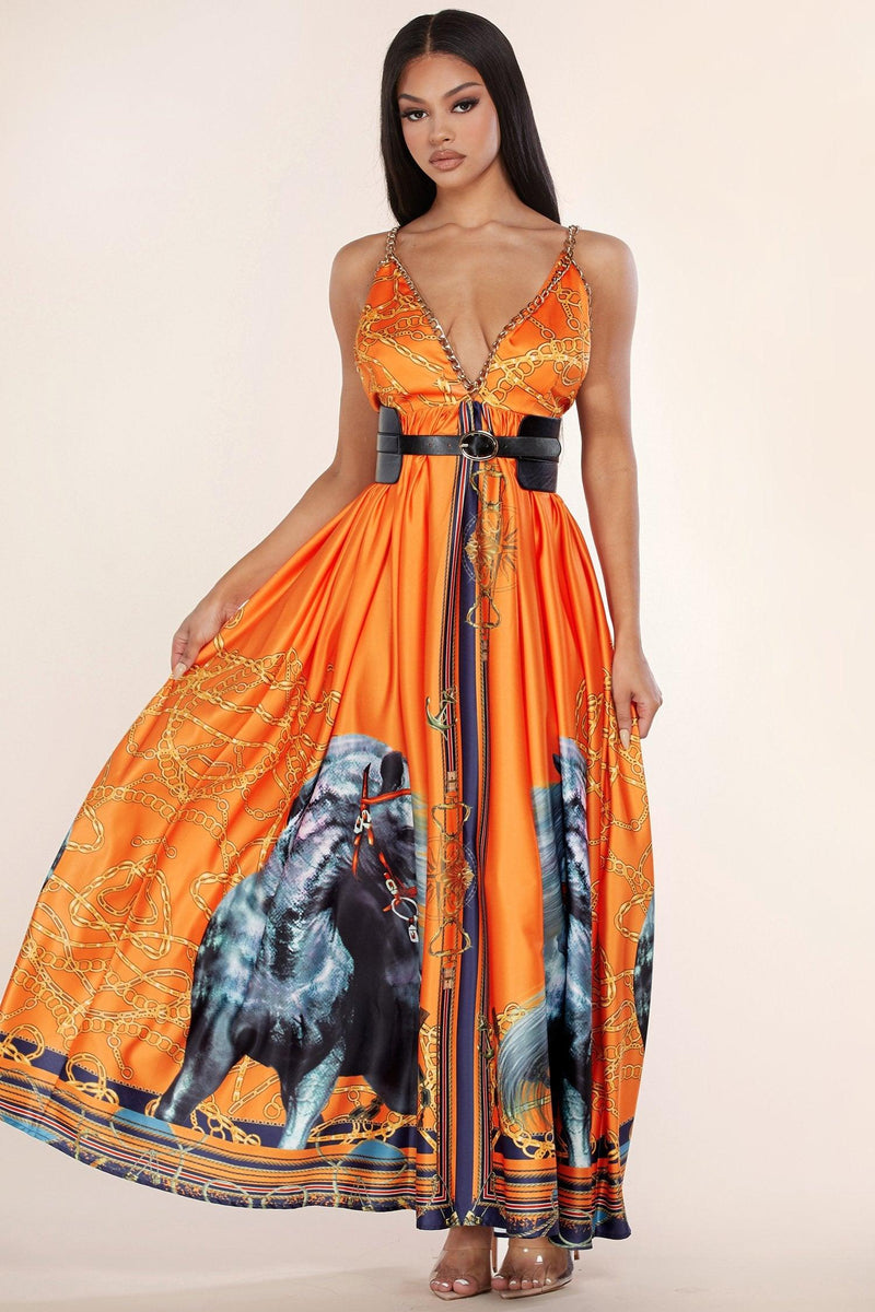 VIBRAN ORANGE MAXI DRESS WITH CHAIN DETAIL - PRIVILEGE 