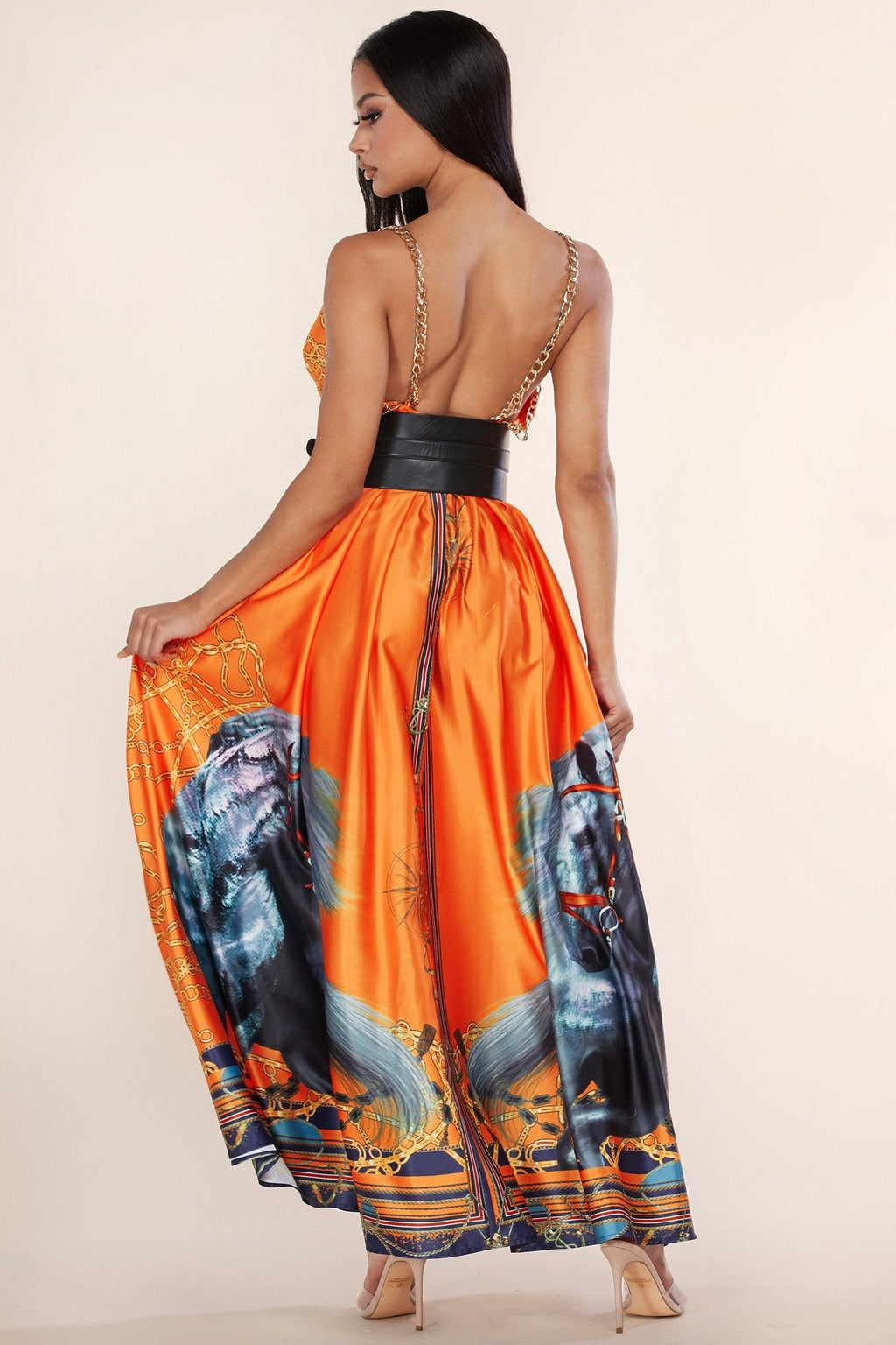 VIBRAN ORANGE MAXI DRESS WITH CHAIN DETAIL - PRIVILEGE 