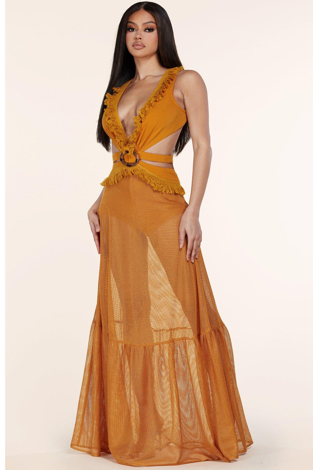 MARIGOLD HALTER WAIST CUTOUT MAXI DRESS - PRIVILEGE 