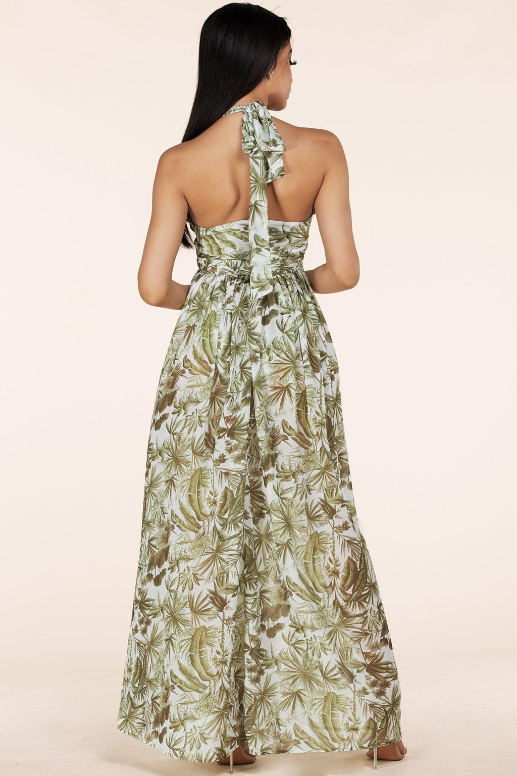 OLIVE TROPICAL CUT OUT HALTER MAXI DRESS - PRIVILEGE 