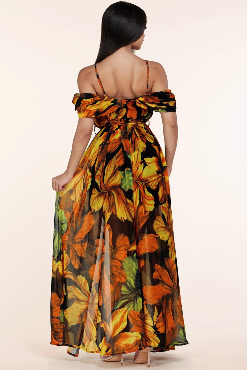 BLACK FLORAL MAXI DRESS OFF THE SHOUDER - PRIVILEGE 