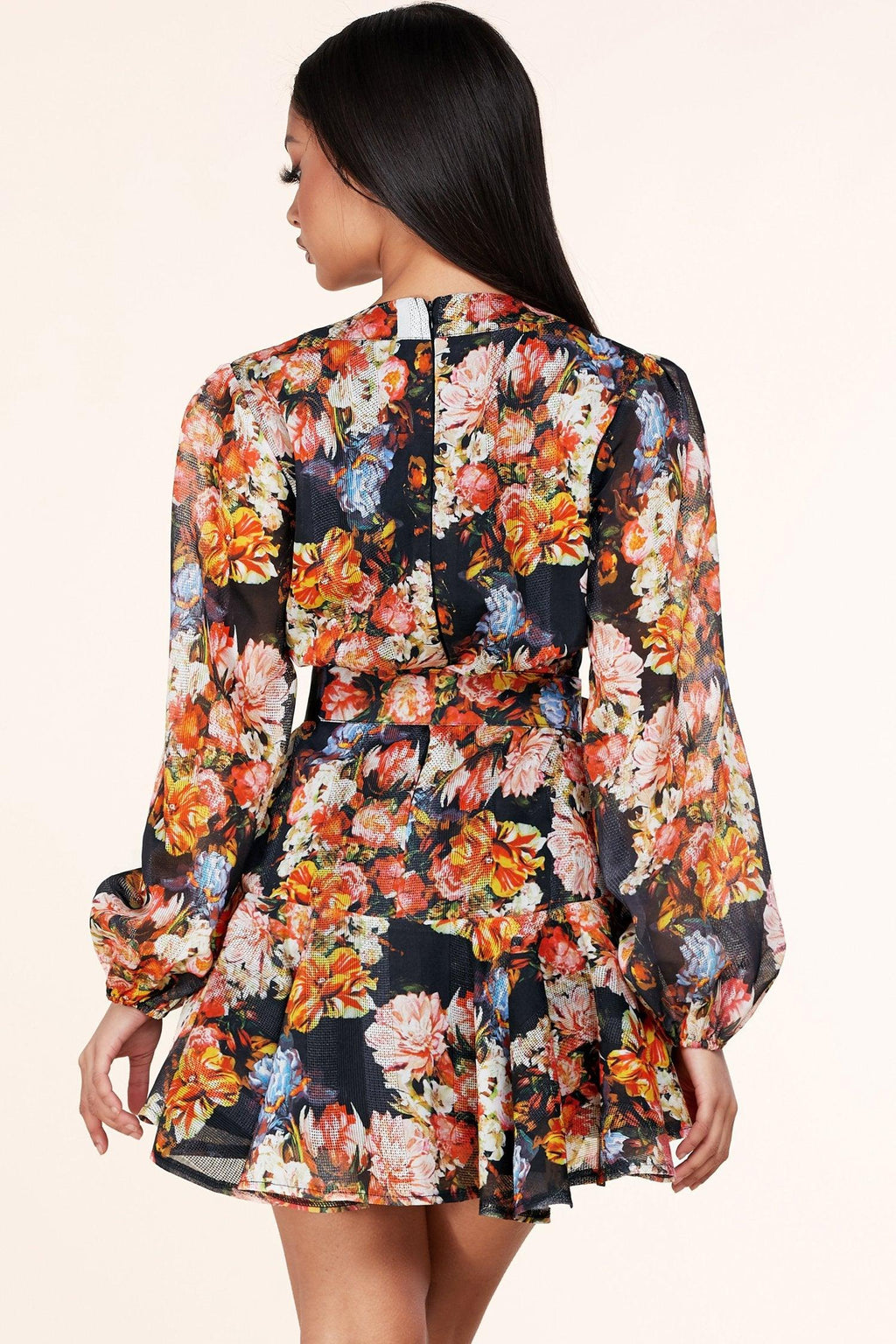 FLORAL PRINT V-NECKLINE MINI DRESS - PRIVILEGE 