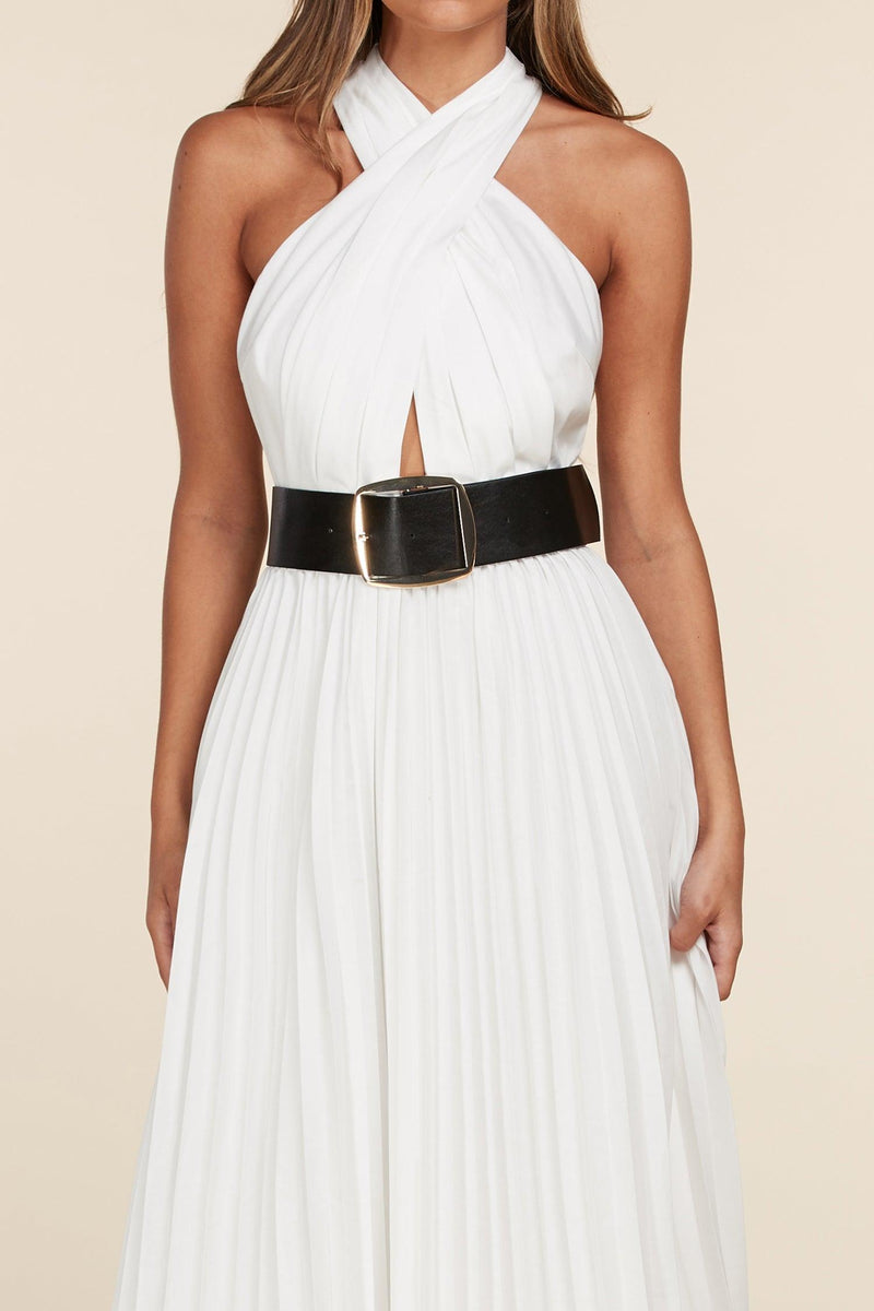 White pleated halter top dress