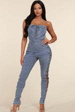 SEXY DENIM JUMPSUIT WITH OPEN SIDE DETAIL - PRIVILEGE 