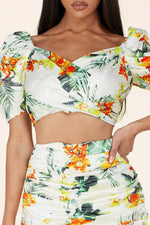 TROPICAL FLORAL PUFF SLEEVE CROP TOP WITH SKIRT - PRIVILEGE 