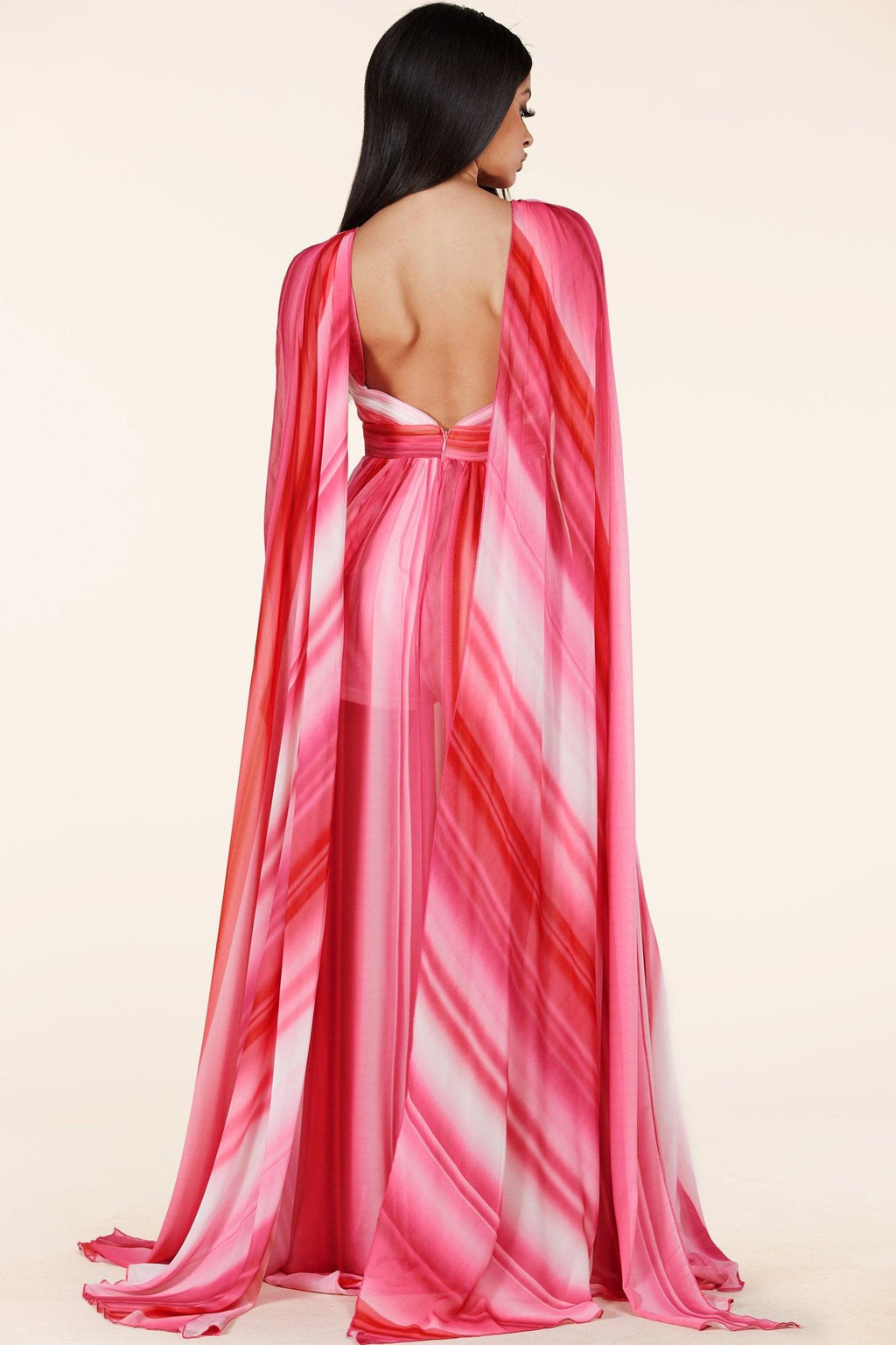 RED PINK MIX MAXI DRESS HALTER KEYHOLE FRONT - PRIVILEGE 