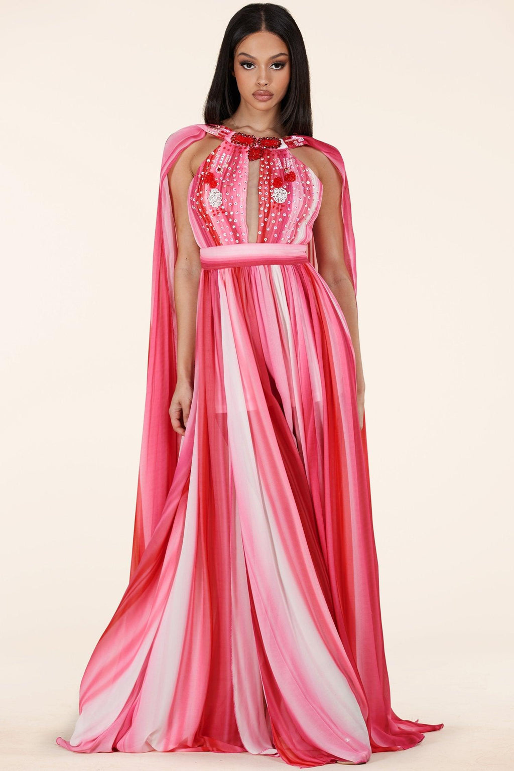 RED PINK MIX MAXI DRESS HALTER KEYHOLE FRONT - PRIVILEGE 