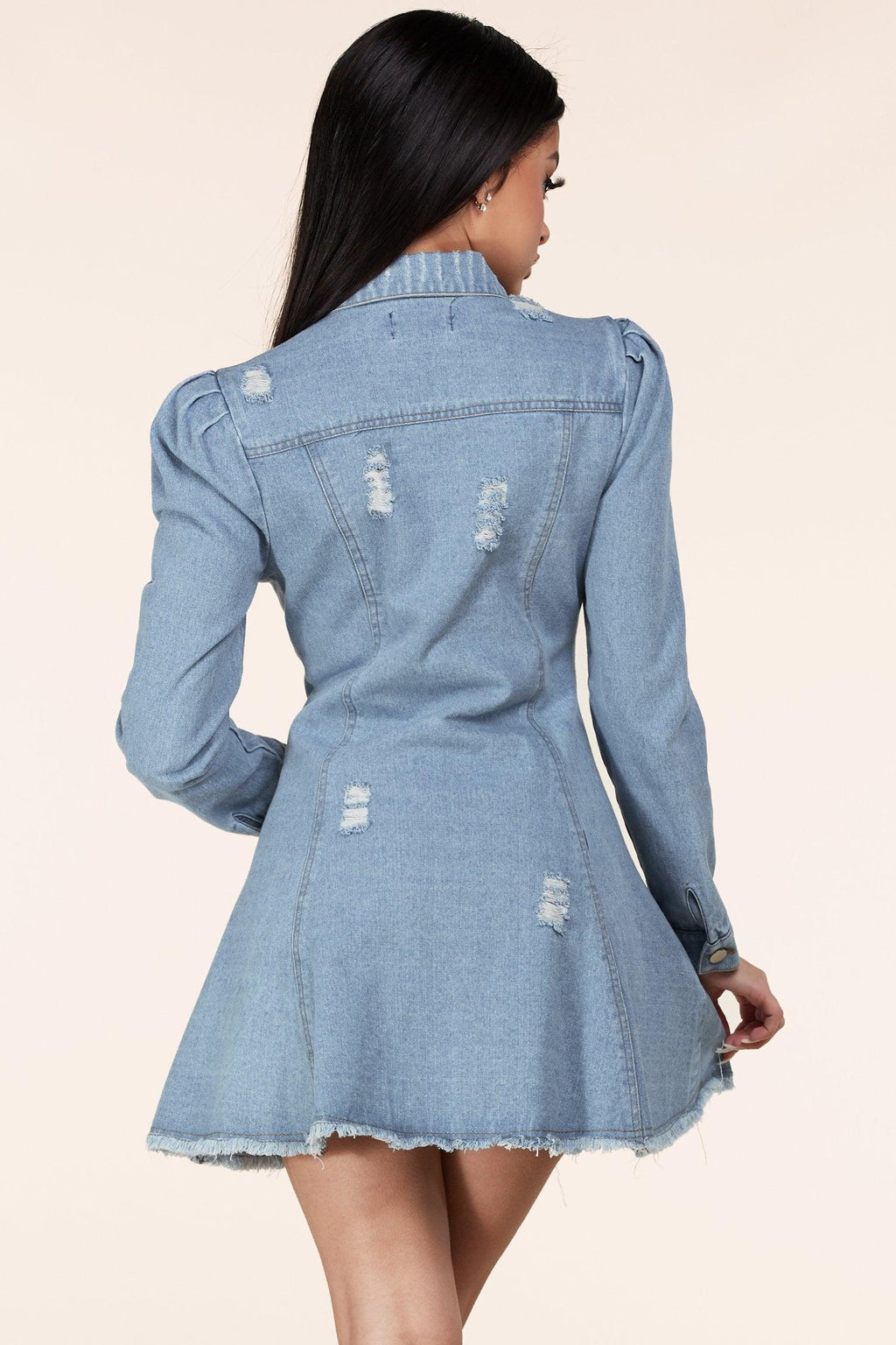 DENIM DISTRESSED MINI DRESS - PRIVILEGE 