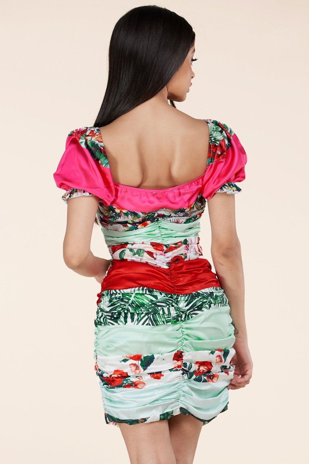 PRINTED RUSCHED PUFF SLEEVE CUTOUT MINI DRESS - PRIVILEGE 