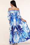 OFF SHOULDER WRAP MAXI DRESS IN A BLUE TROPICAL PRINT - PRIVILEGE 