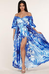 OFF SHOULDER WRAP MAXI DRESS IN A BLUE TROPICAL PRINT - PRIVILEGE 