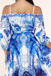 OFF SHOULDER WRAP MAXI DRESS IN A BLUE TROPICAL PRINT - PRIVILEGE 