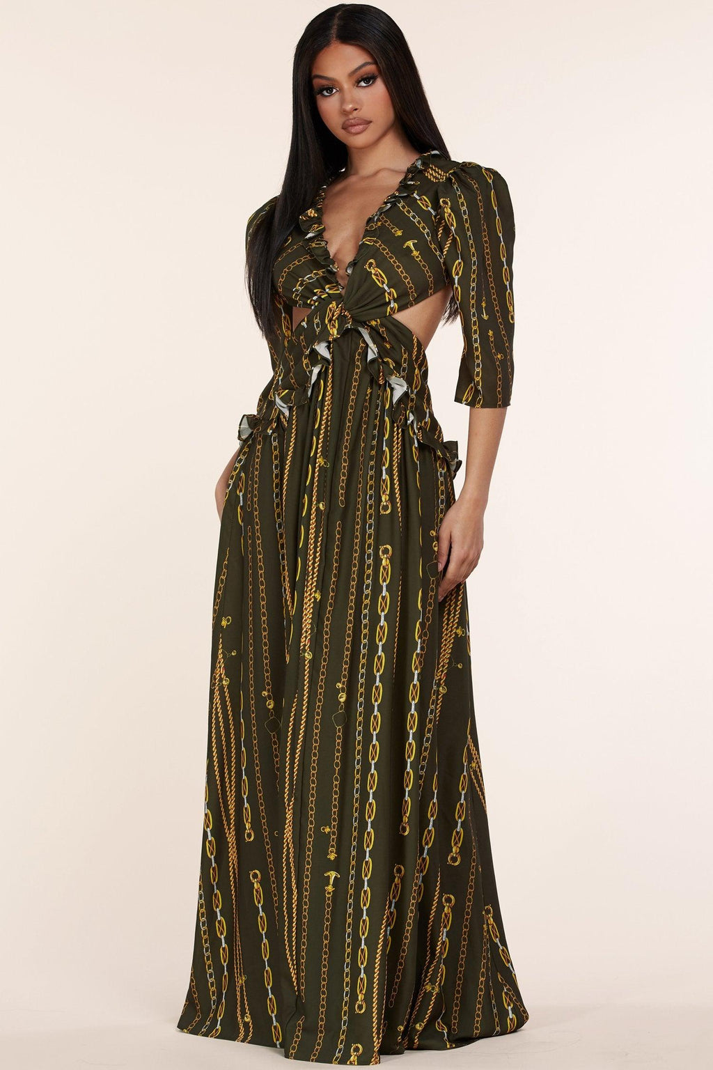 OLIVE GREEN MAXI CHAIN DRESS - PRIVILEGE 