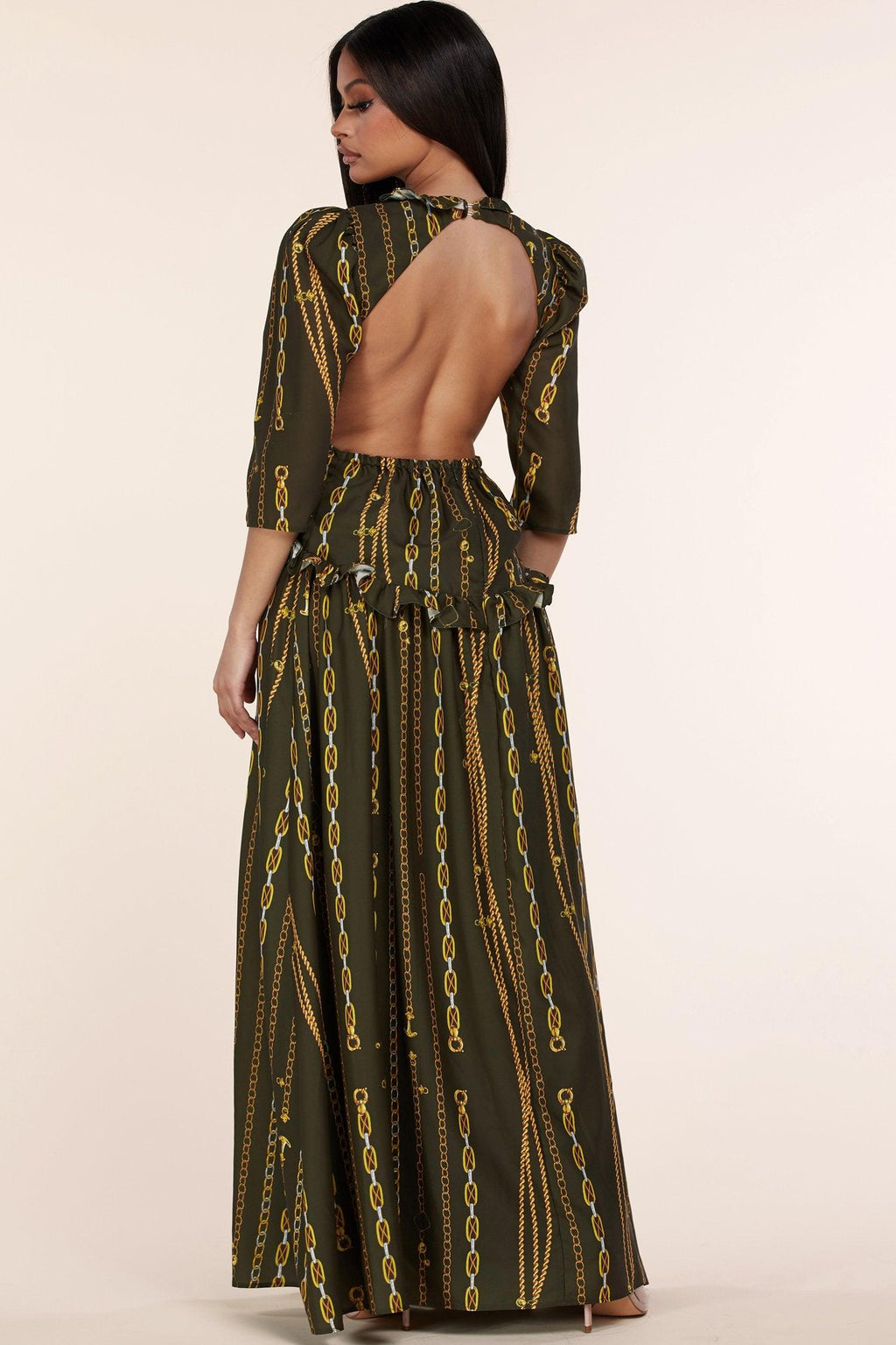 OLIVE GREEN MAXI CHAIN DRESS - PRIVILEGE 