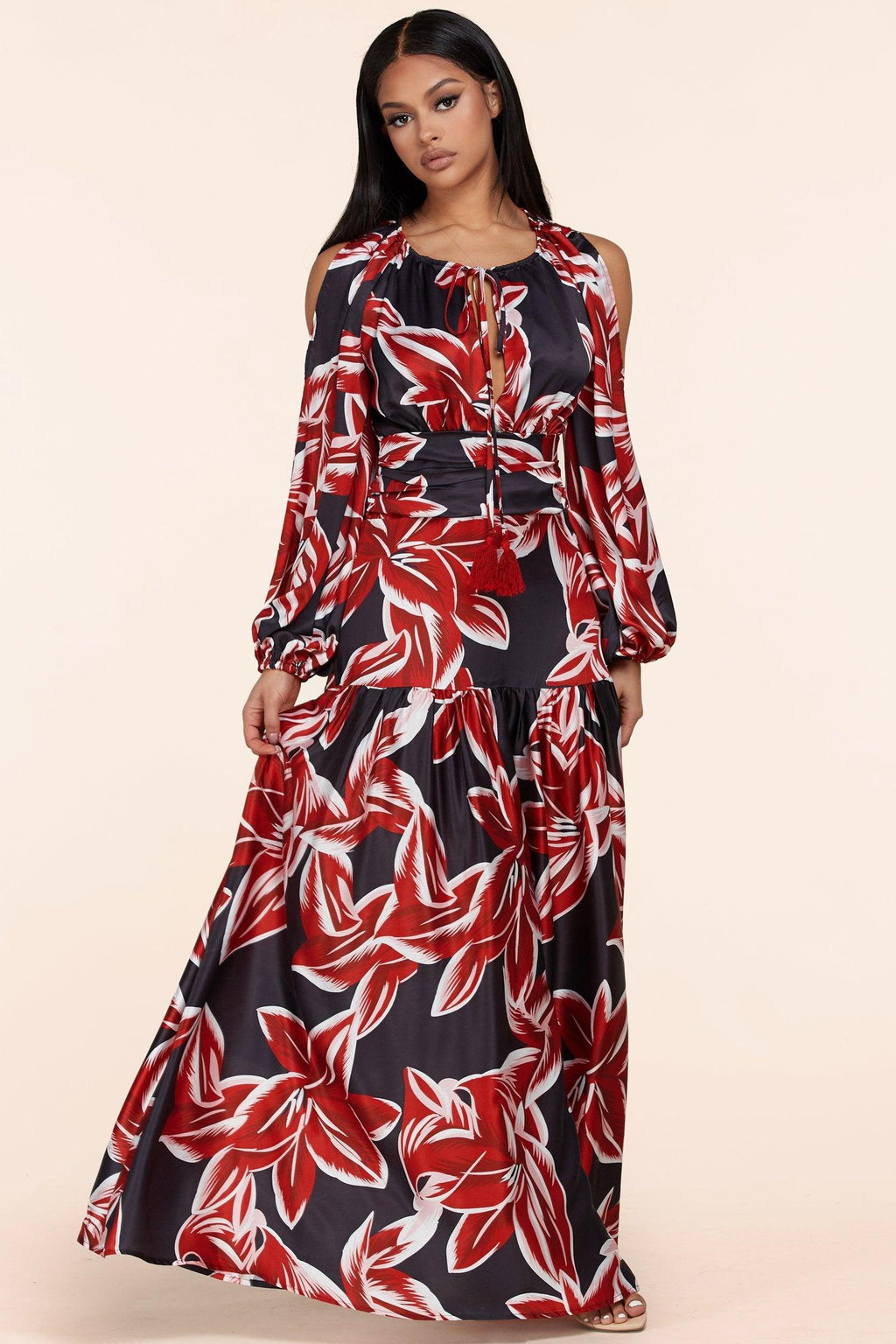 OPEN SLEEVE MAXI DRESS IN RED AND BLACK FLORAL PRINT - PRIVILEGE 