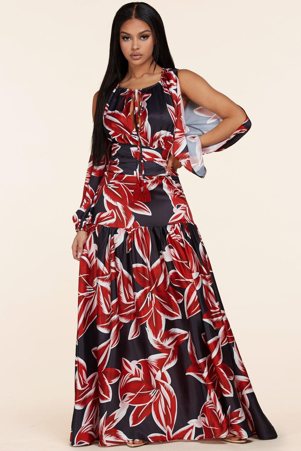 OPEN SLEEVE MAXI DRESS IN RED AND BLACK FLORAL PRINT - PRIVILEGE 