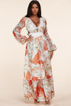 MESH FABRIC ORANGE TROPICAL PRINT MAXI DRESS - PRIVILEGE 