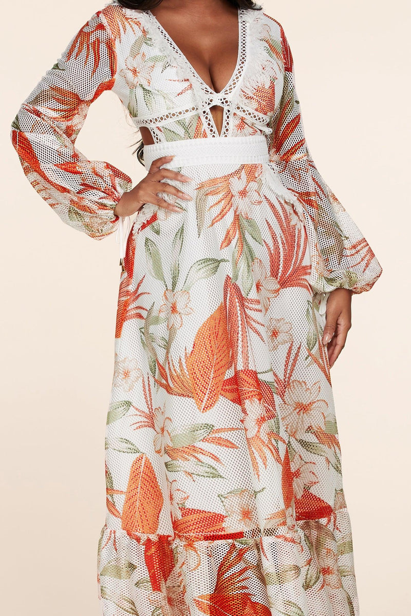 MESH FABRIC ORANGE TROPICAL PRINT MAXI DRESS - PRIVILEGE 