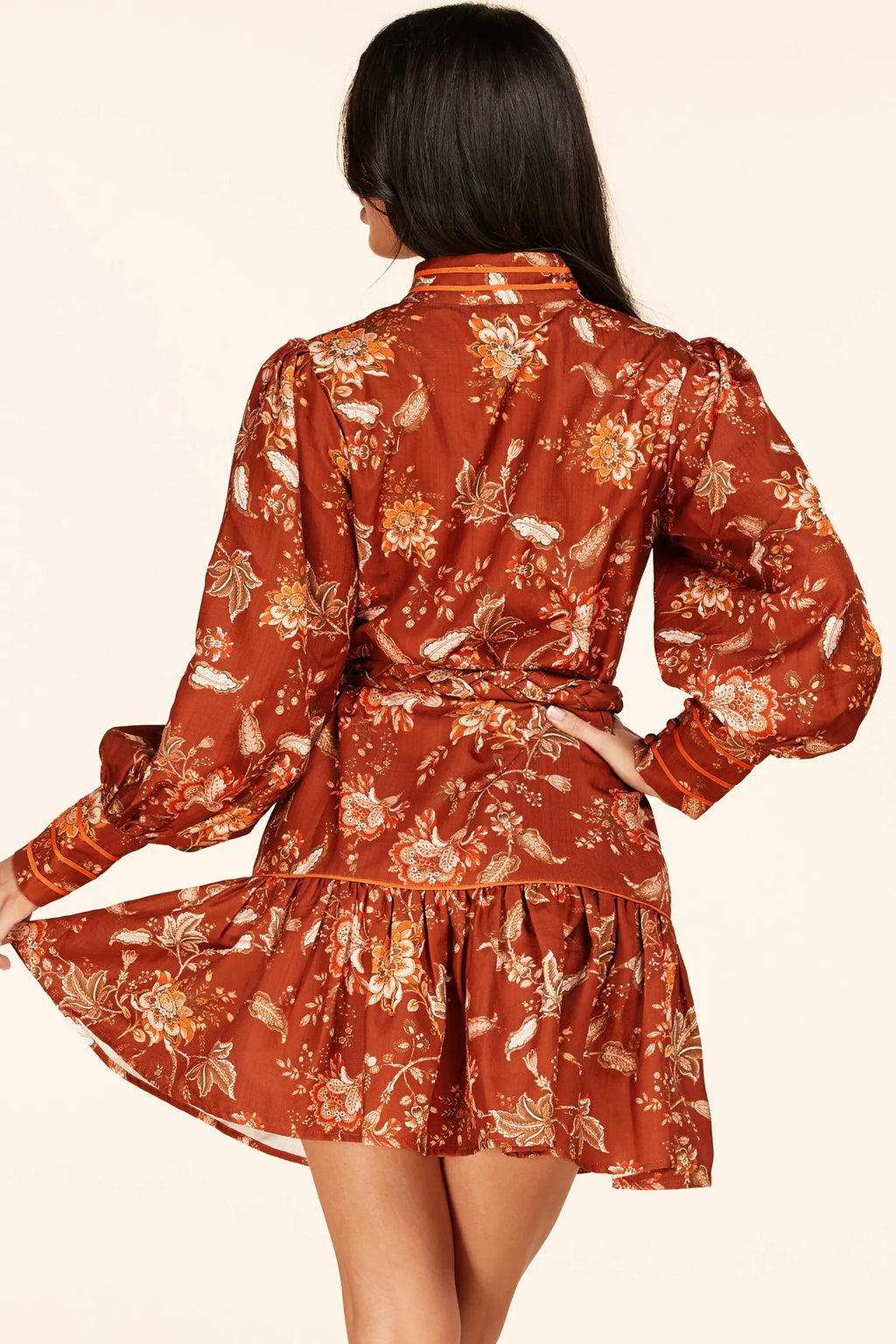 RUST VINTAGE FLORAL MINI DRESS - PRIVILEGE 