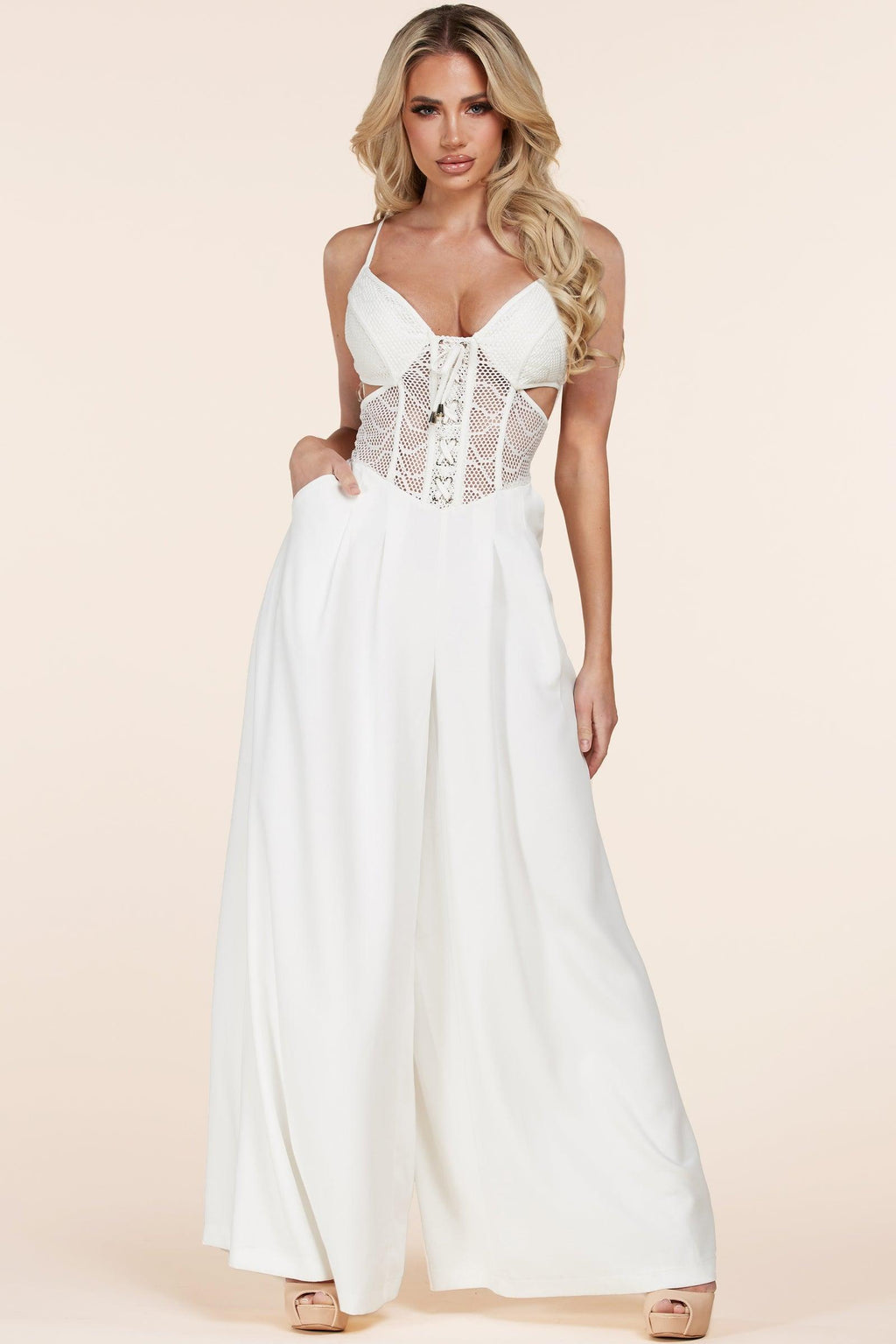 LACE UP WHITE JUMPSUIT - PRIVILEGE 