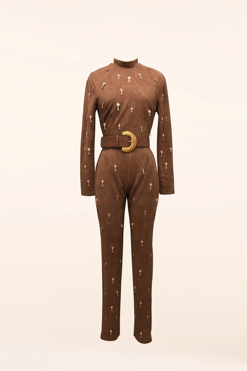 BROWN SUEDE KEY JUMPSUIT - PRIVILEGE 