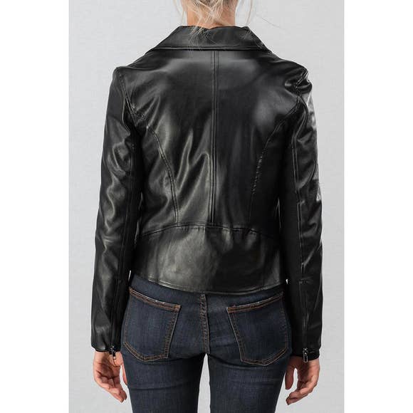 Embroidered Patch Faux Leather Biker Jacket - PRIVILEGE 