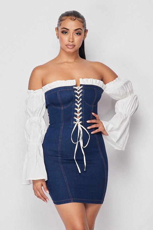 OFF SHOULDER SHOE LACE DRESS - PRIVILEGE 