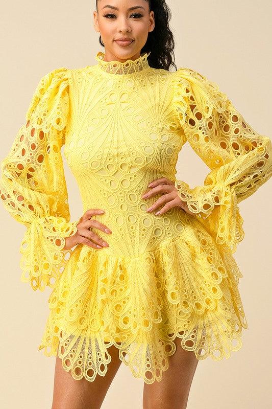 CROCHET LACE WITH BELL SLEEVE DETAILED DRESS - PRIVILEGE 