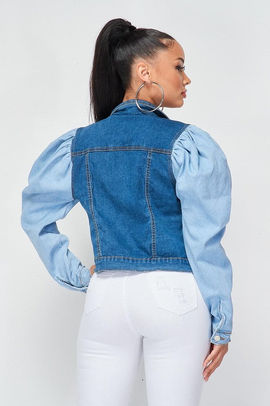 TWO TONE BUBBLE SHOULDER DENIM JACKET - PRIVILEGE 